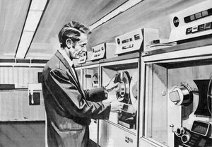 Man tending a mainframe computer by English School